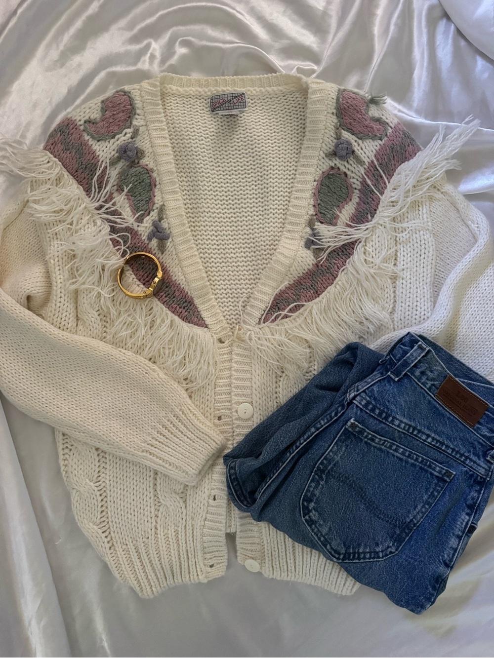 vintage Cream Fringe Knit Cardigan with Pink & Sage Accent